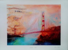 Anna Gade "Golden Gate"  Papir: William Turner 190g,  storrelse: 40cm X 29,7cm.  Pris: 250kr.